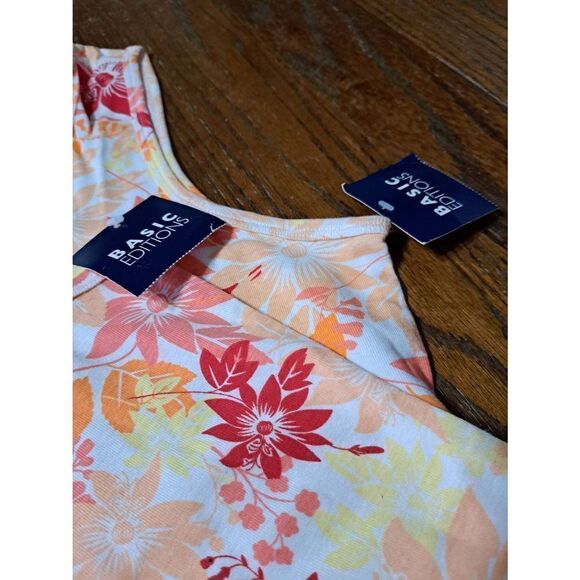 New Large Basic Editions Sleeveless Cotton Floral Tank Top Red Coral Yellow NWT - Picture 2 of 7